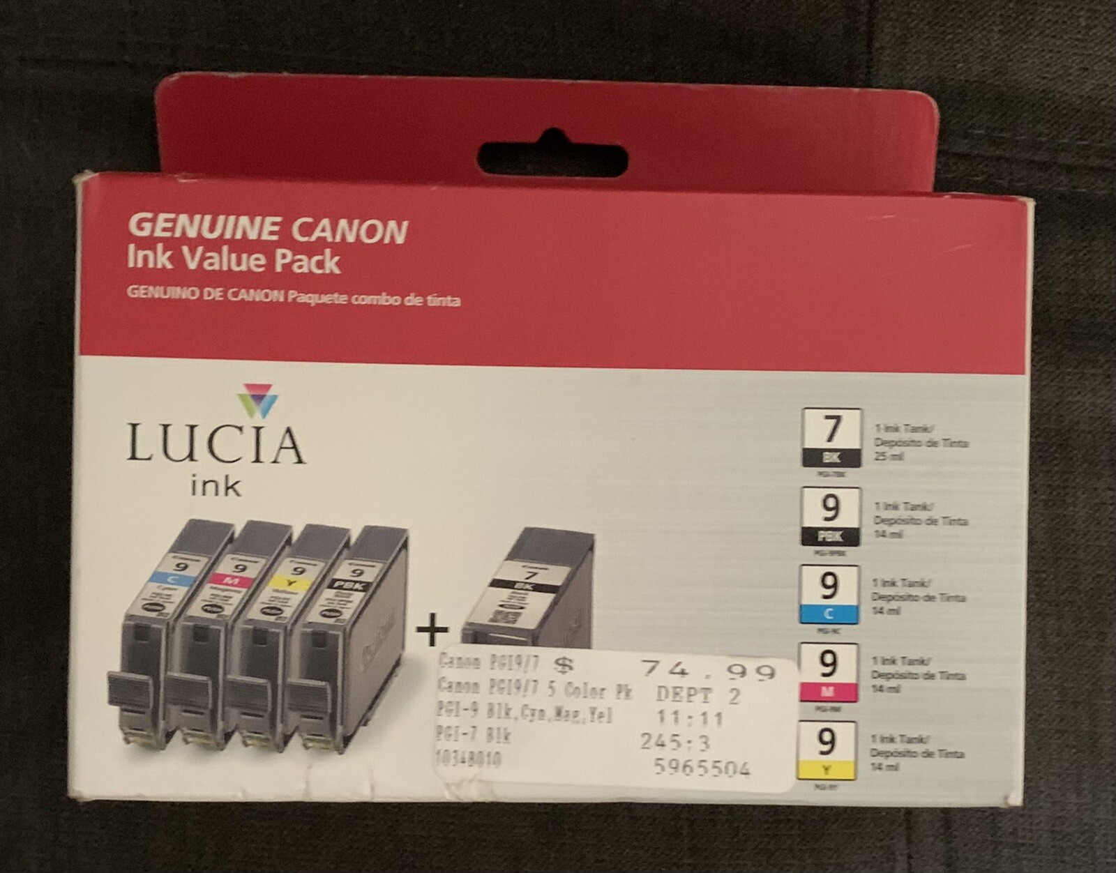 Canon Genuine Lucia Ink Value Pack PGI-7 Black PGI-9 BCMY, 5-Pack Ink Cartridges