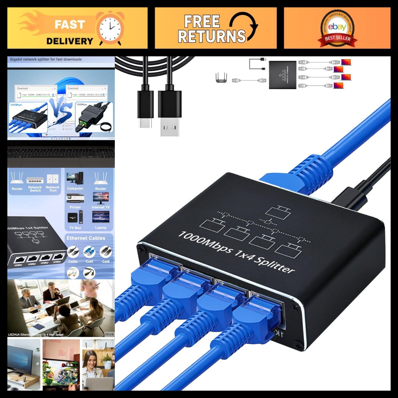 Ethernet Splitter 1 to 4, RJ45 Network Adapter, USB Powered, 1000Mbps High Speed