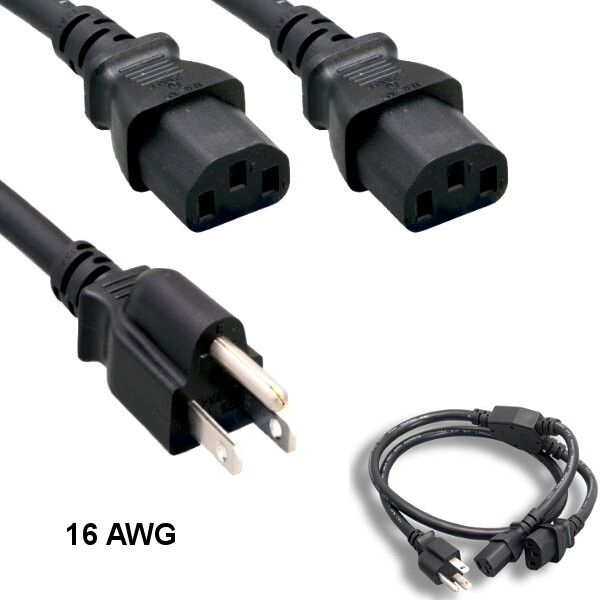 10 feet 16AWG AC Power Splitter Cable NEMA 5-15P to 2x IEC-60320 C13 13A/125V