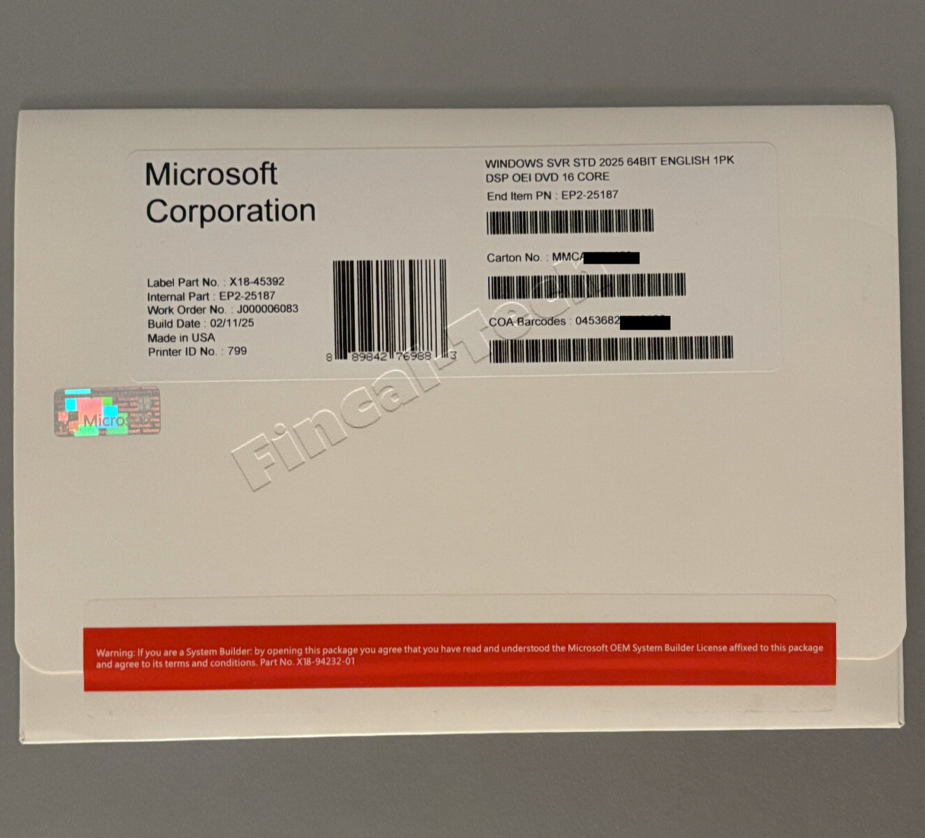 New Win Server 2025 Standard x64 bit- 16 Cores | Full License [Brand New] & HHD
