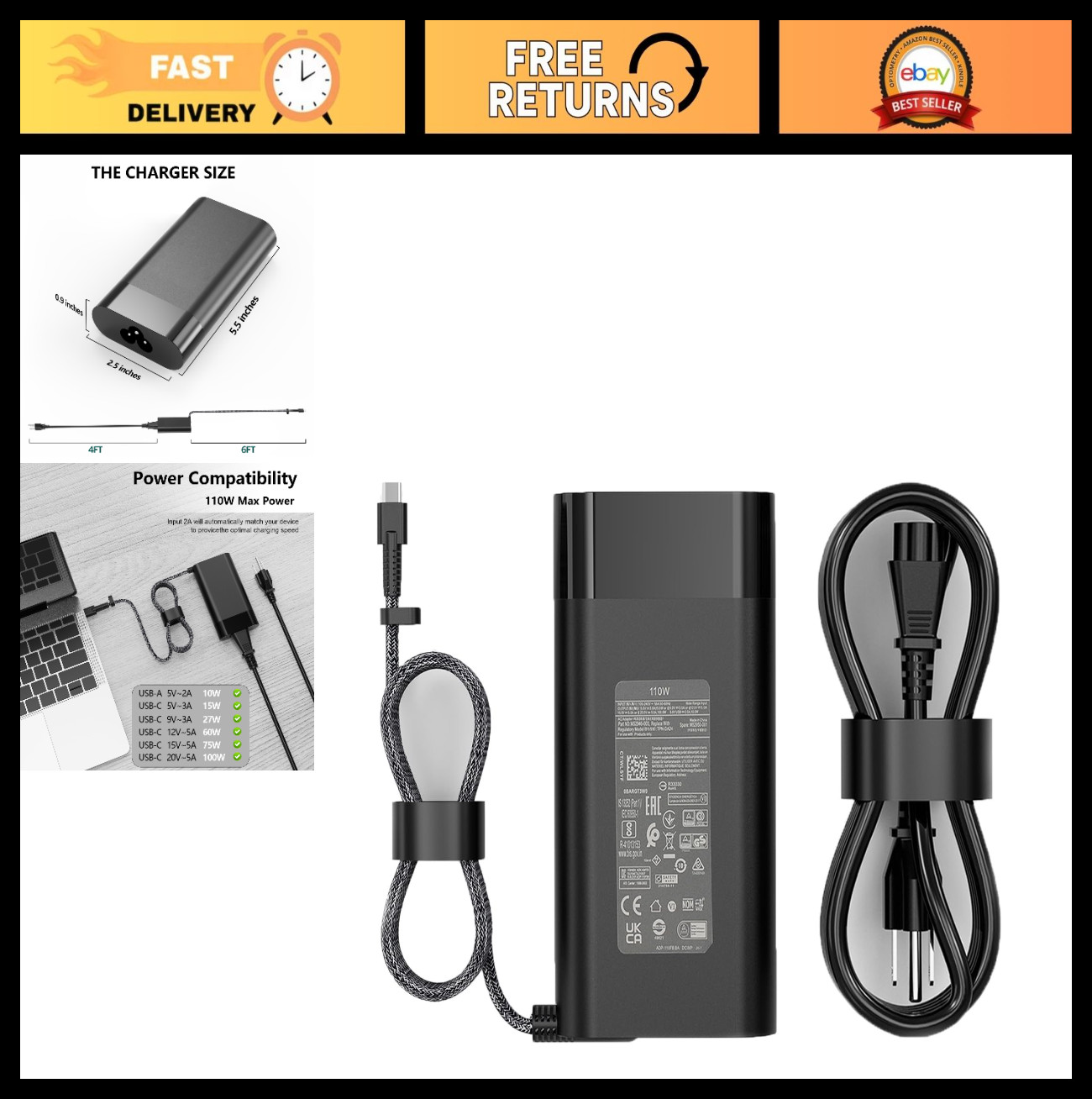 110W USB C Laptop Charger for HP ZBook Firefly & EliteBook 860 865 G9 G10 G11 Po
