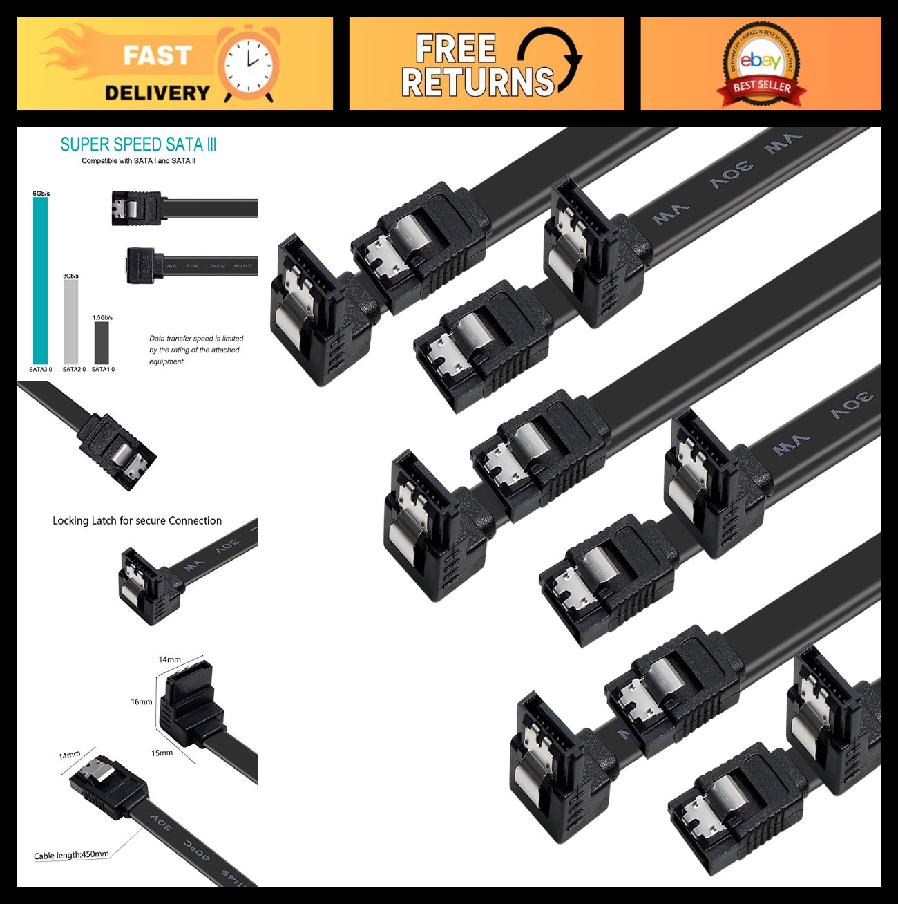 SATA III Cable 6 Pack, 18 Inch 90 Degree Right Angle, 6Gbps with Locking Latch f