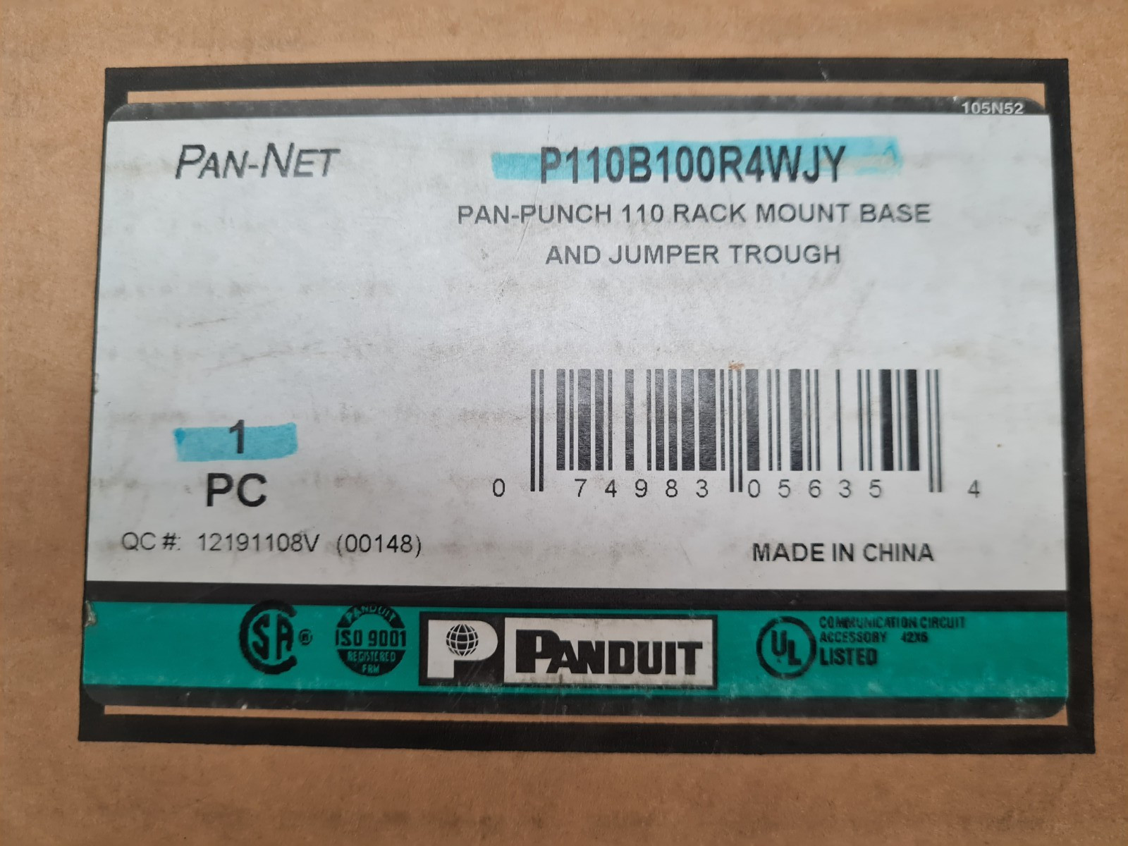 NEW Panduit P110B100R4WJY 110 Pan-Punch Rack Mount Base w/Jumper 