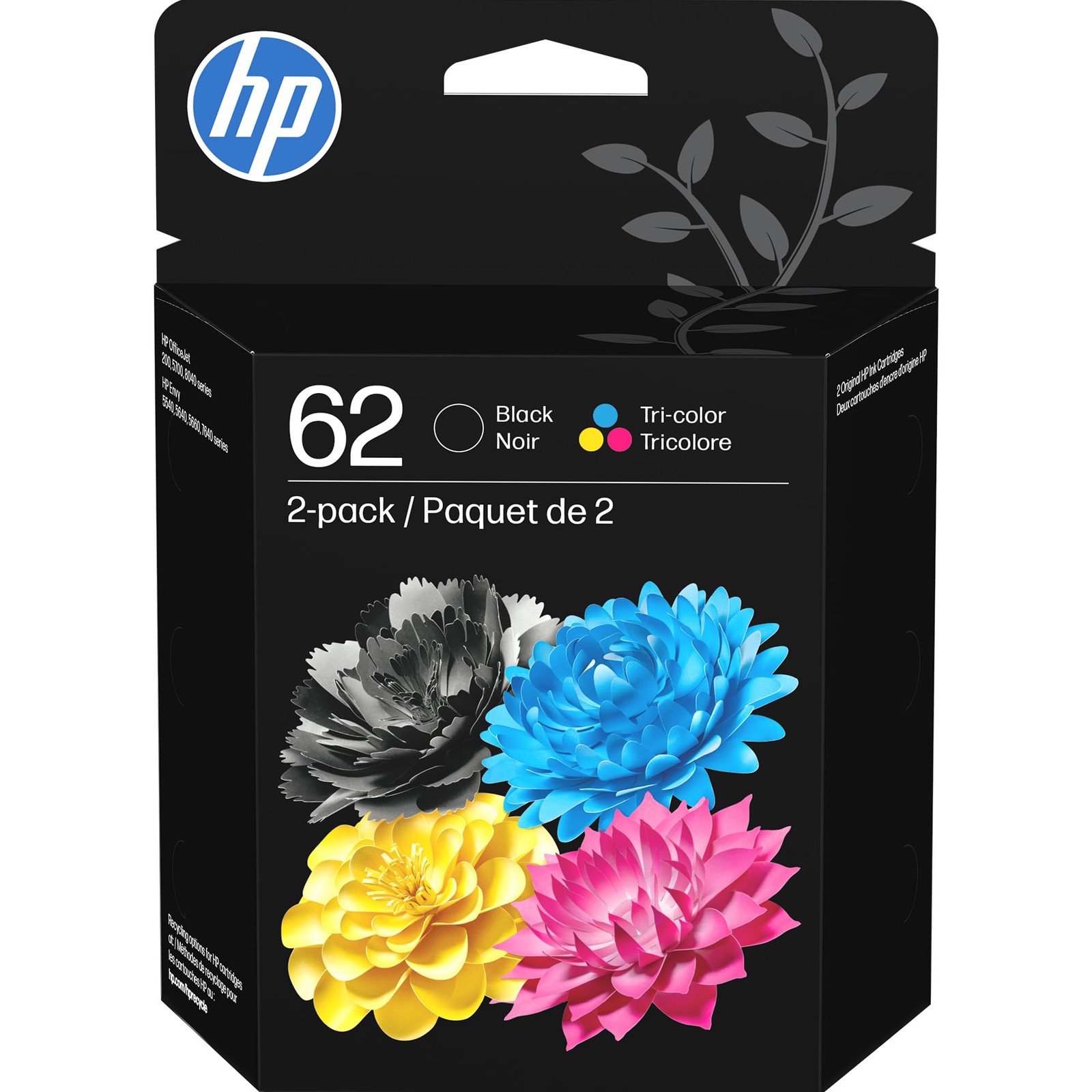 HP 62 Black/Tri-Color Ink Cartridges (2-Pack) | Works with Envy 5540, 5640,