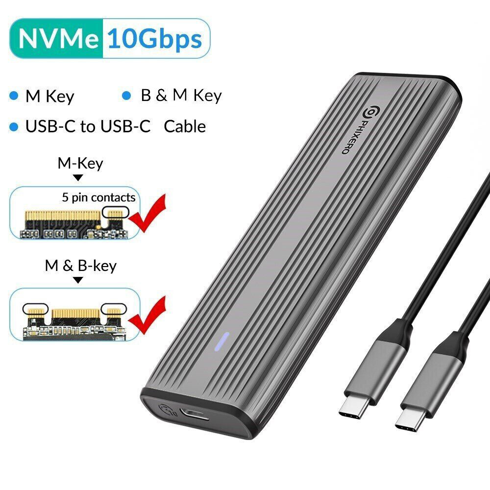 PHIXERO M.2 NVMe SSD NGFF SATA External Enclosure USB 3.2 Gen 2 10 Gbps Case Box