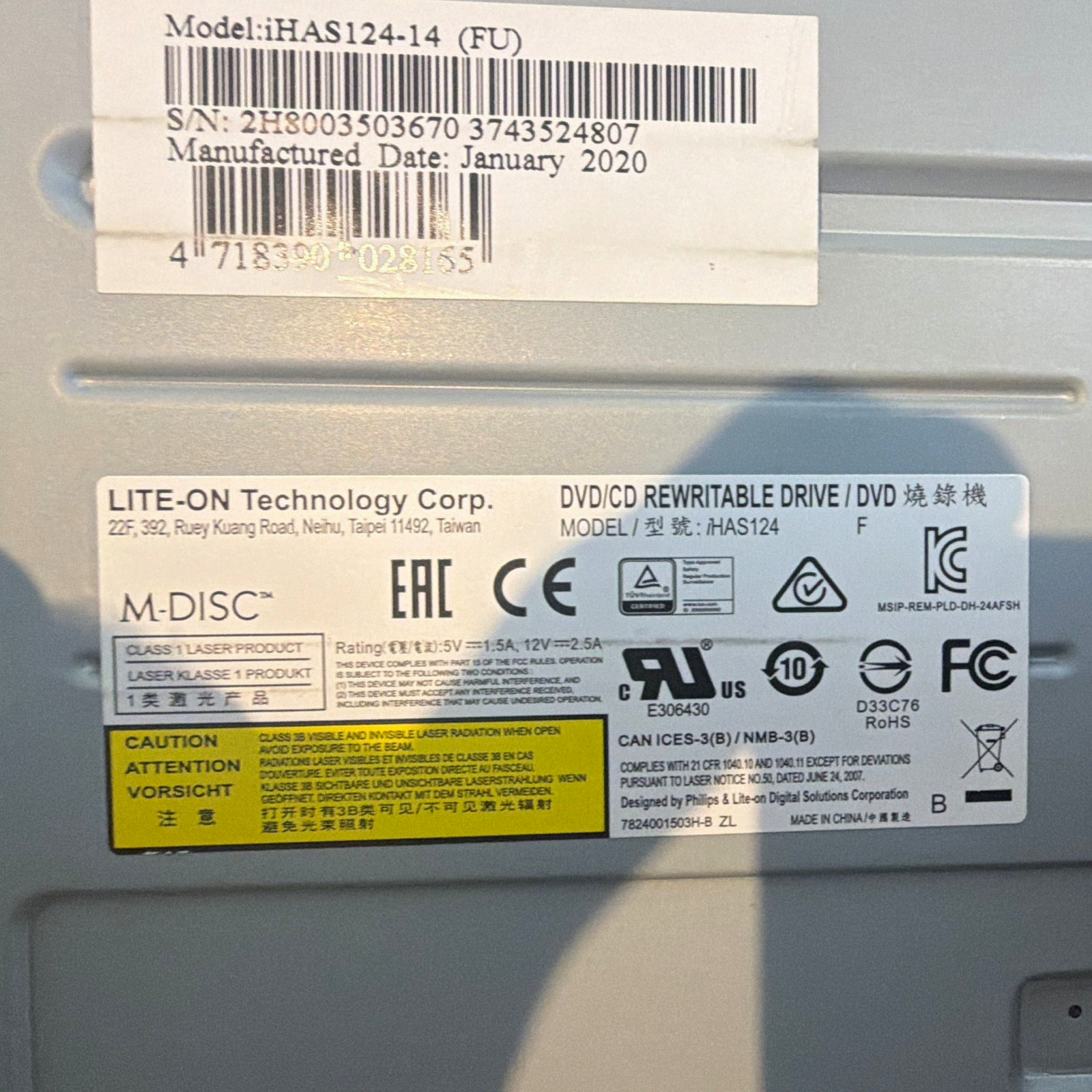 Lite-On iHAS124-14 SATA 24x Internal DVD/CD Rewriter M-DISC 5.25in Black
