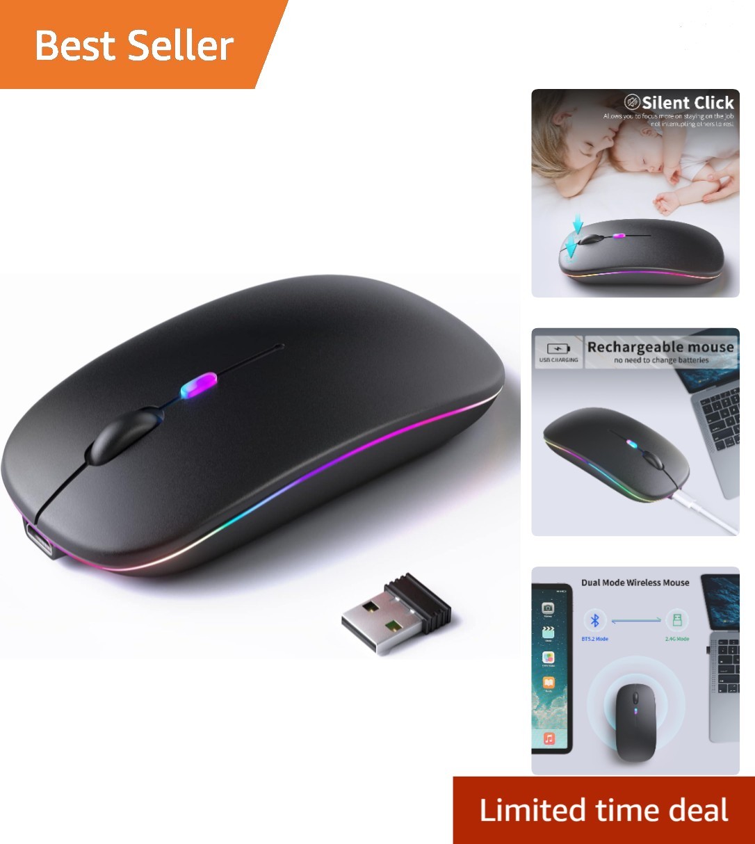 Elegant Wireless Bluetooth Mouse with Rechargeable Battery & LED Lights – Black