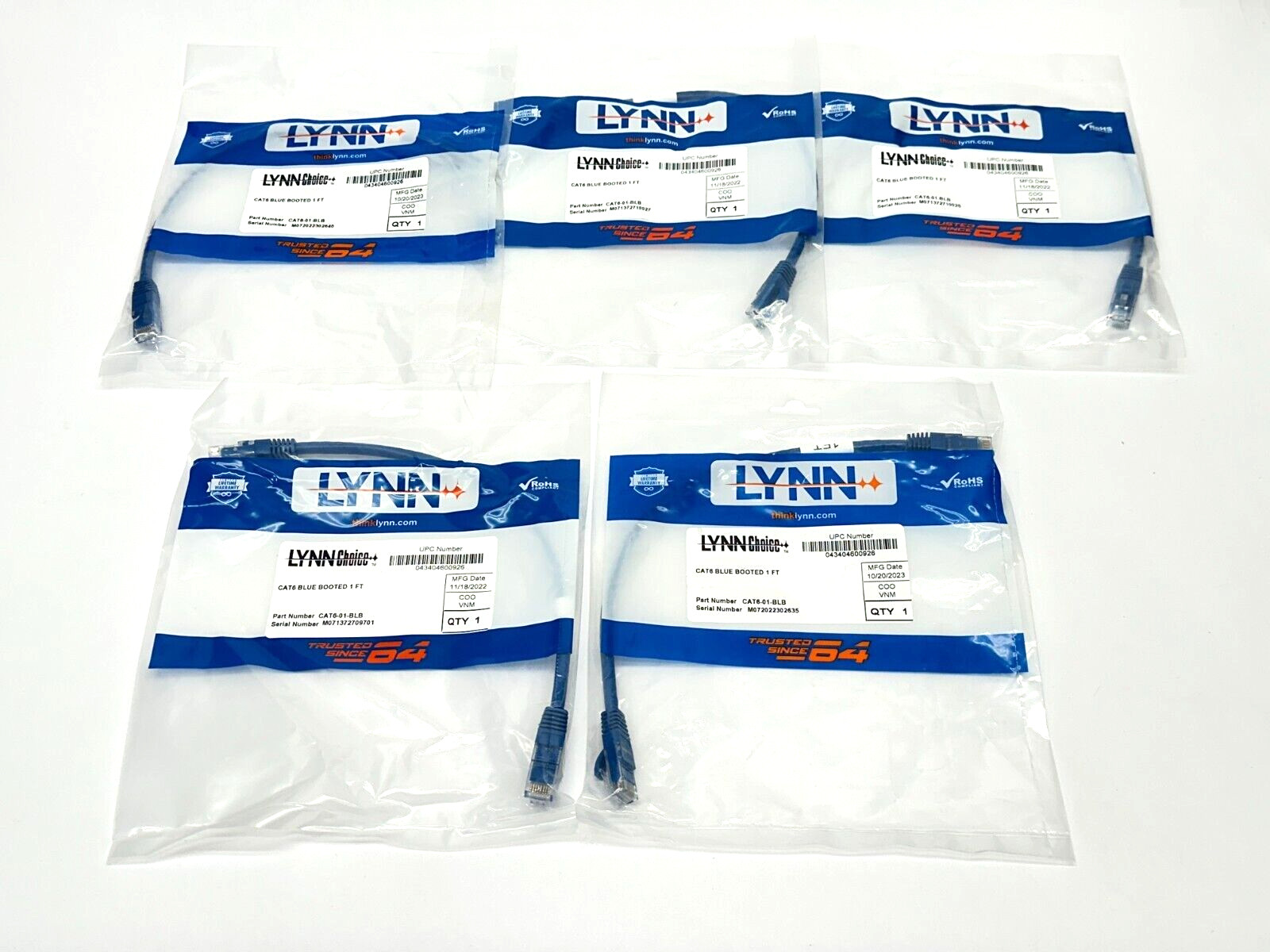 Lynn CAT6-01-BLB Cat6 Blue Booted Patch Cable 1ft LOT OF 5