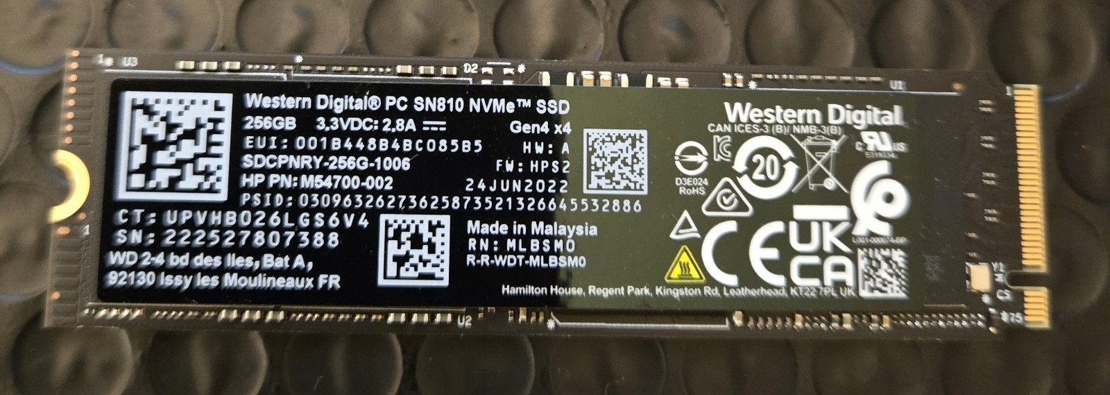 WD PC SN810 256GB M.2 2280 PCIe Gen4x4 NVMe SSD SDCPNRY-256G-1006 M54700-002