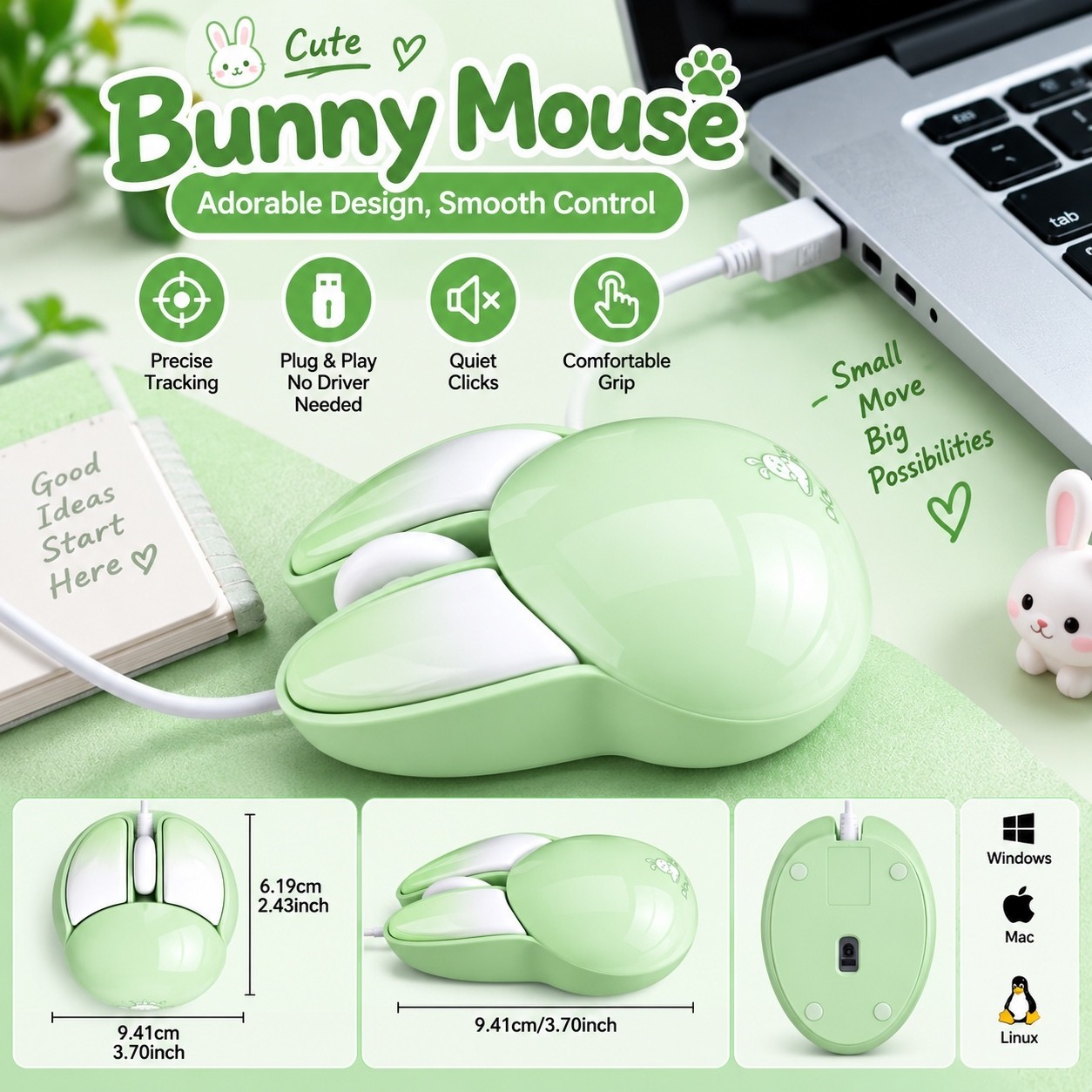 Cute Bunny Wired USB Mouse with Precise Tracking and Comfortable Grip - Green