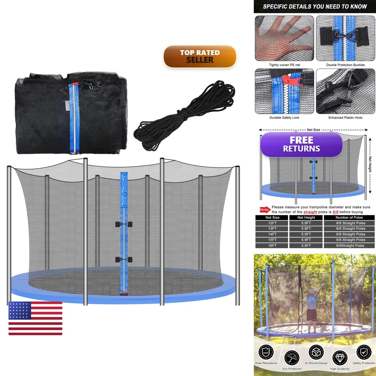 Trampoline Net Replacement 8 Straight Poles 12 FT