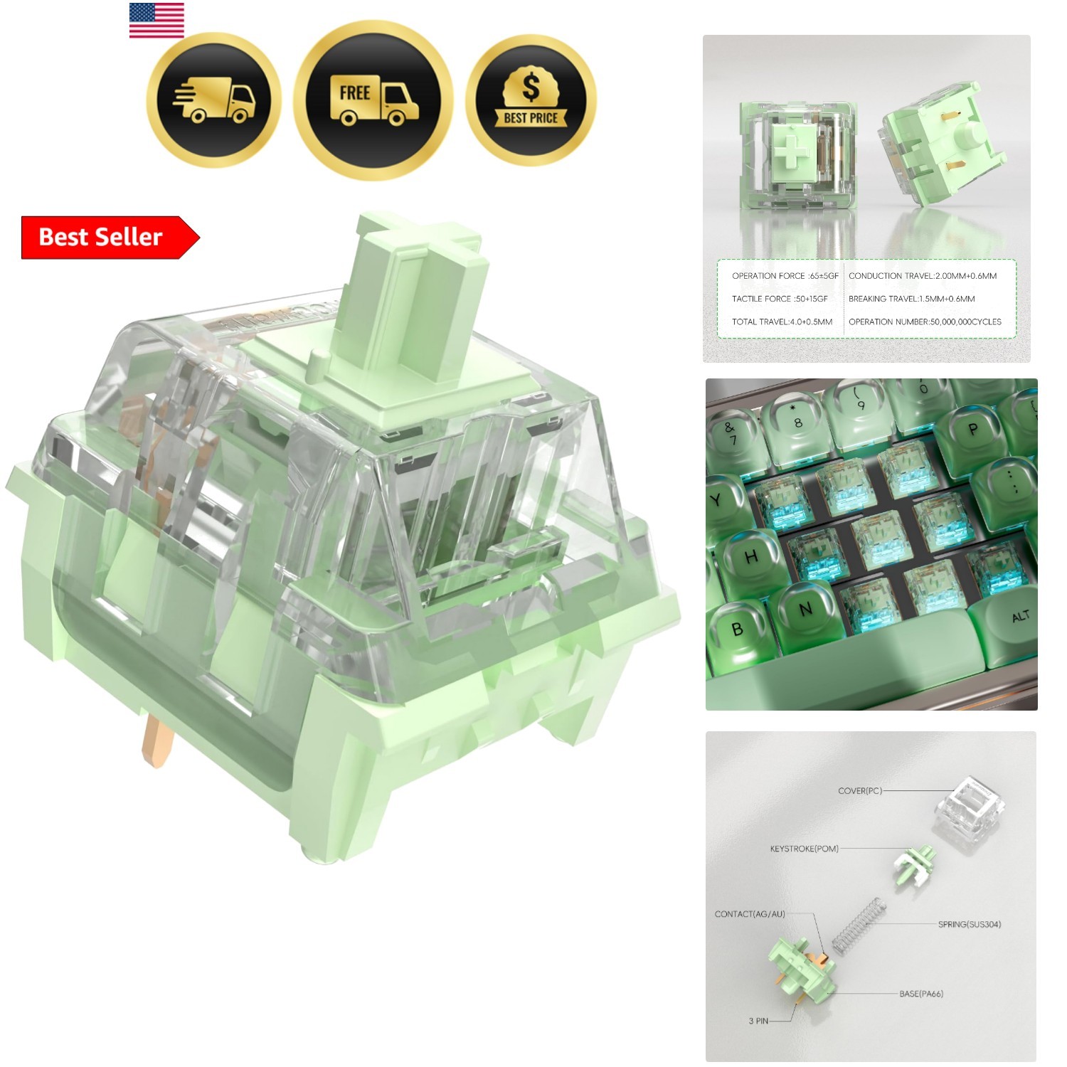 Jasmine Green Switch,3 Pin Replacement Pre-Lubricated Dustproof Clicky Keyboa...