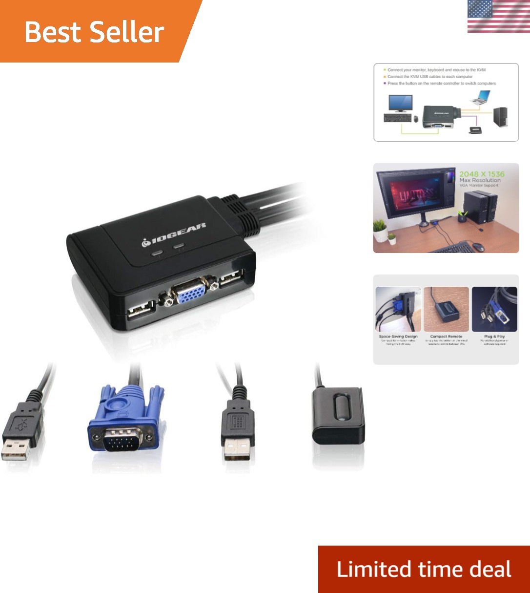 High-Resolution 2-Port USB KVM Switch - Ideal for PCs, Macs, and SUN Systems