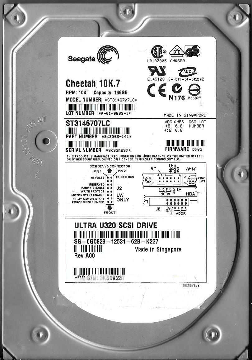 Seagate Cheetah ST3146707LC 146GB 80-Pin SCSI Hard Drive P/N:9X2006-141 F/W:D703