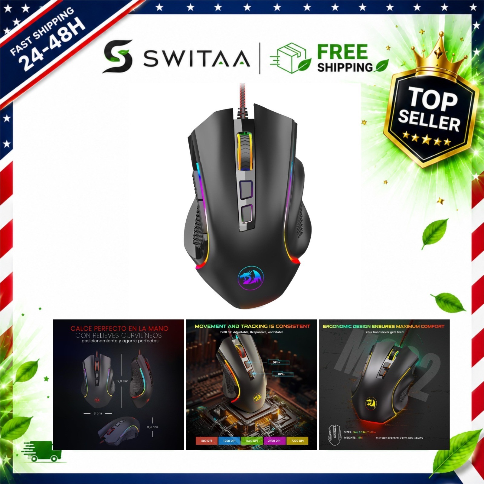 Redragon M602 Gaming Mouse Wired, 7200 DPI, RGB, 8 Programmable Buttons,