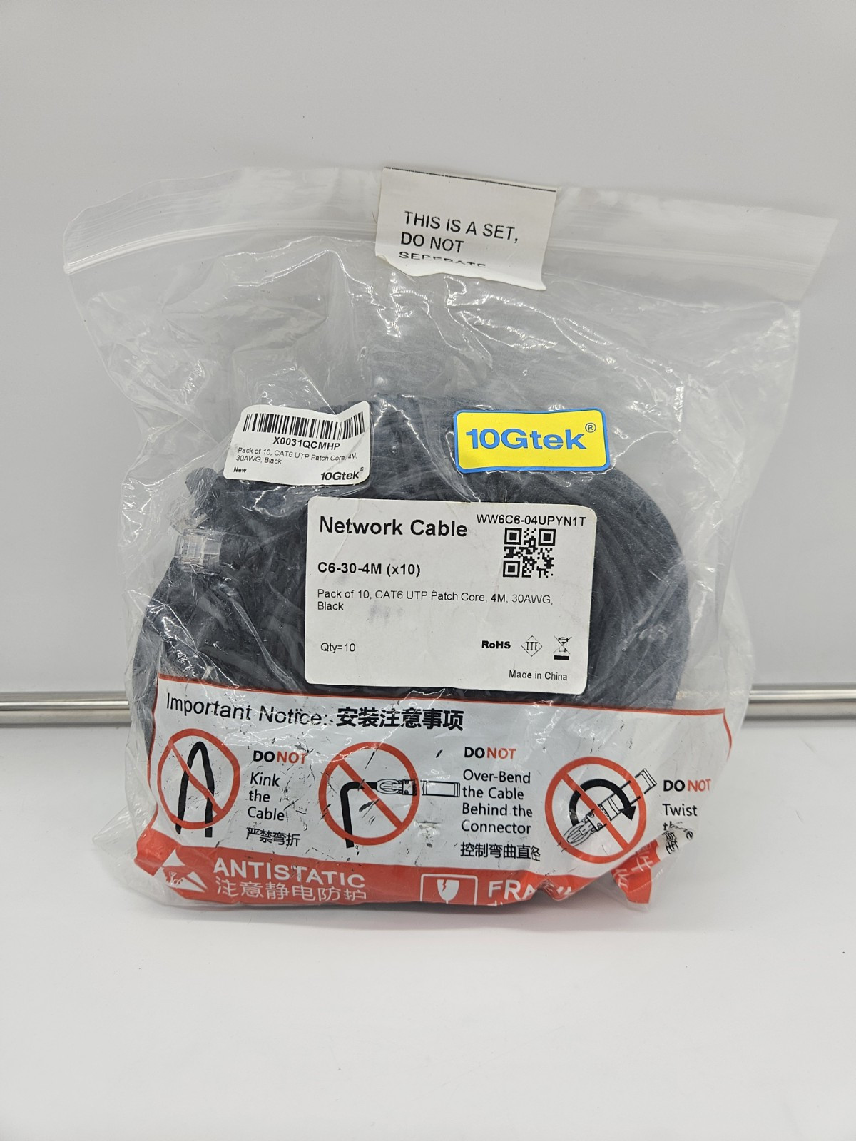 10Gtek Pack Of 10 CAT6 UTP Patch Core 4M 30AWG Black