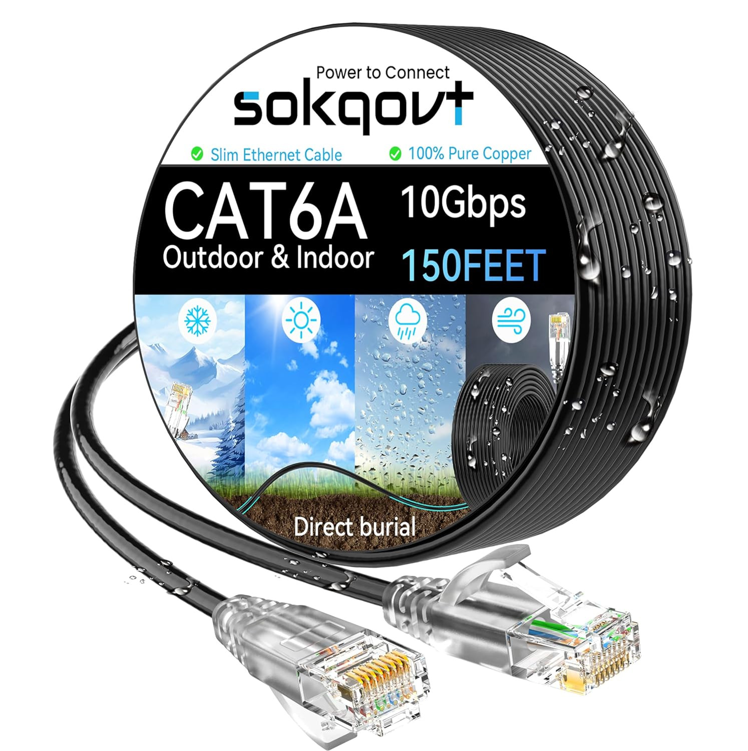Cat6A Ethernet Cable Slim 150Ft Outdoor&Indoor, 28AWG Pure Copper Cat6 Internet 