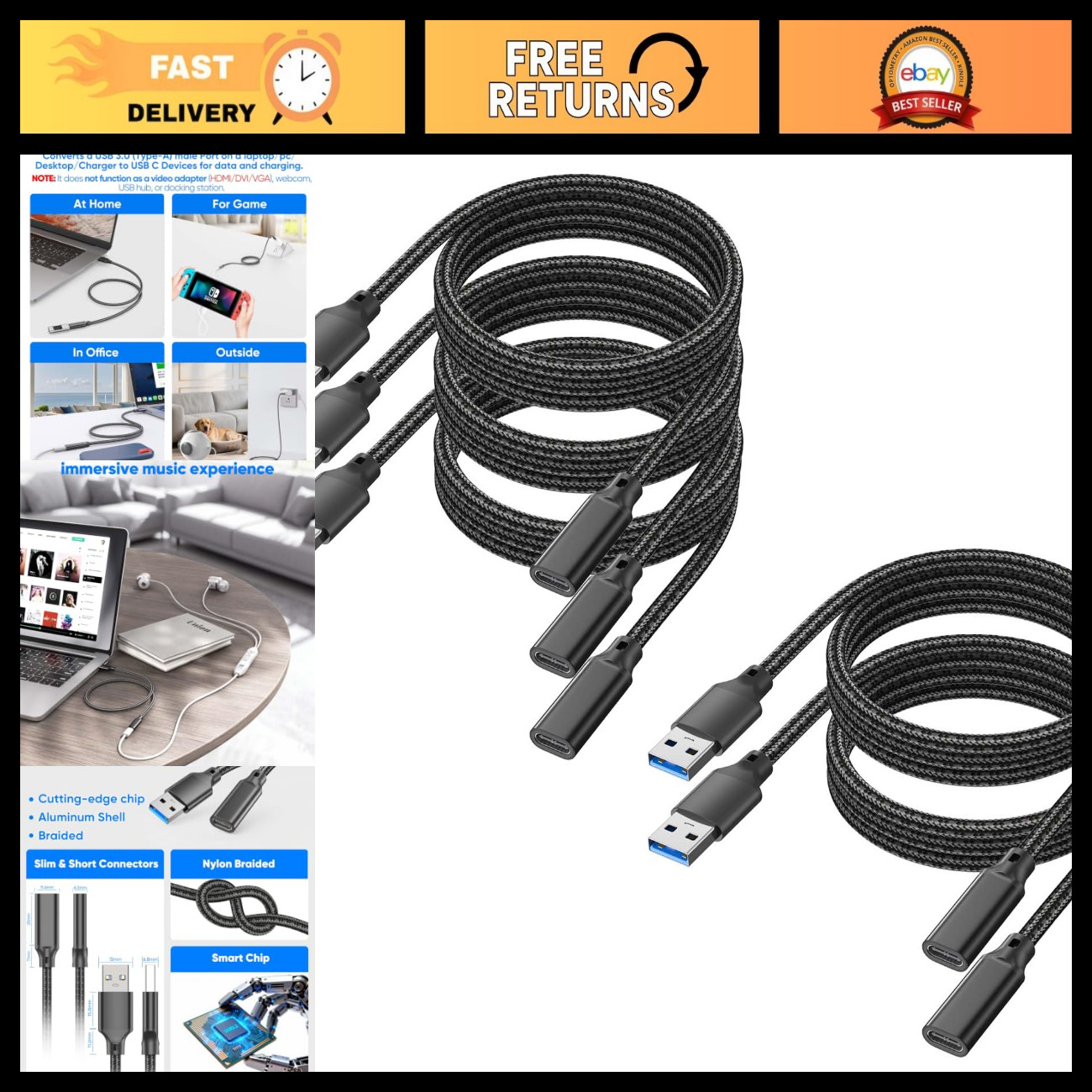 5FT USB C to USB A Cable 5-Pack, 10Gbps Data Transfer, 60W Charging Adapter Cord