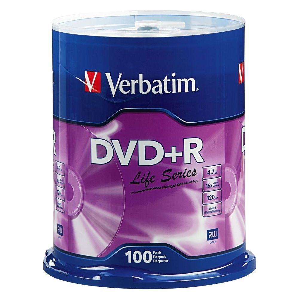 100 VERBATIM 16X DVD+R Life Series Logo 4.7GB Media Disc Spindle 97175 (SEALED)