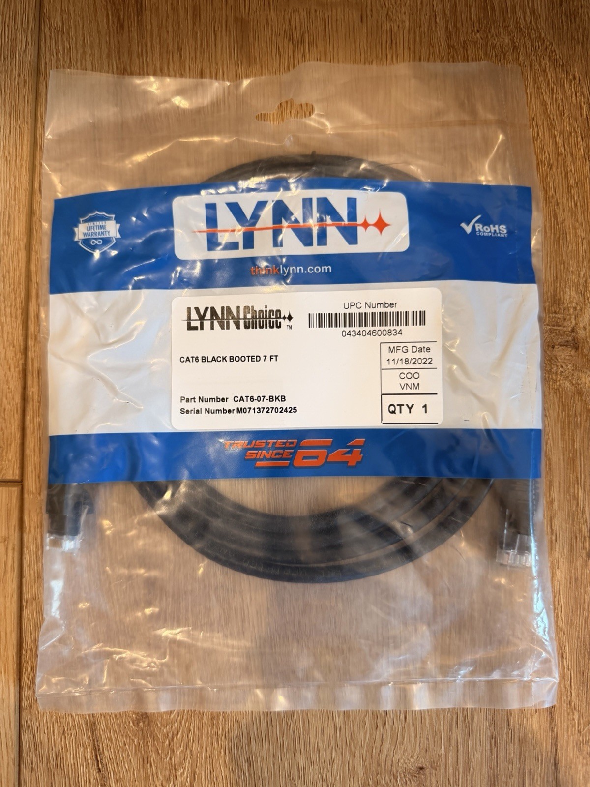 LYNN Cat6 Ethernet Cable 7ft Black Booted RJ45 Network Cable
