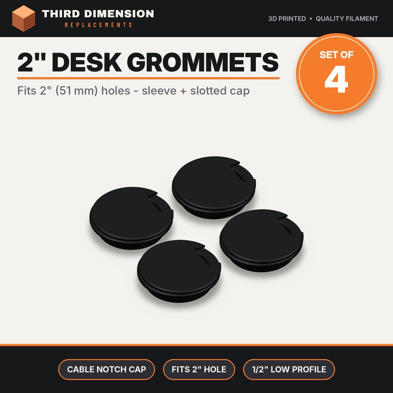 Desk Grommet 2" 51mm Computer Wire Management Cable Organizer 3D Printed 4pc