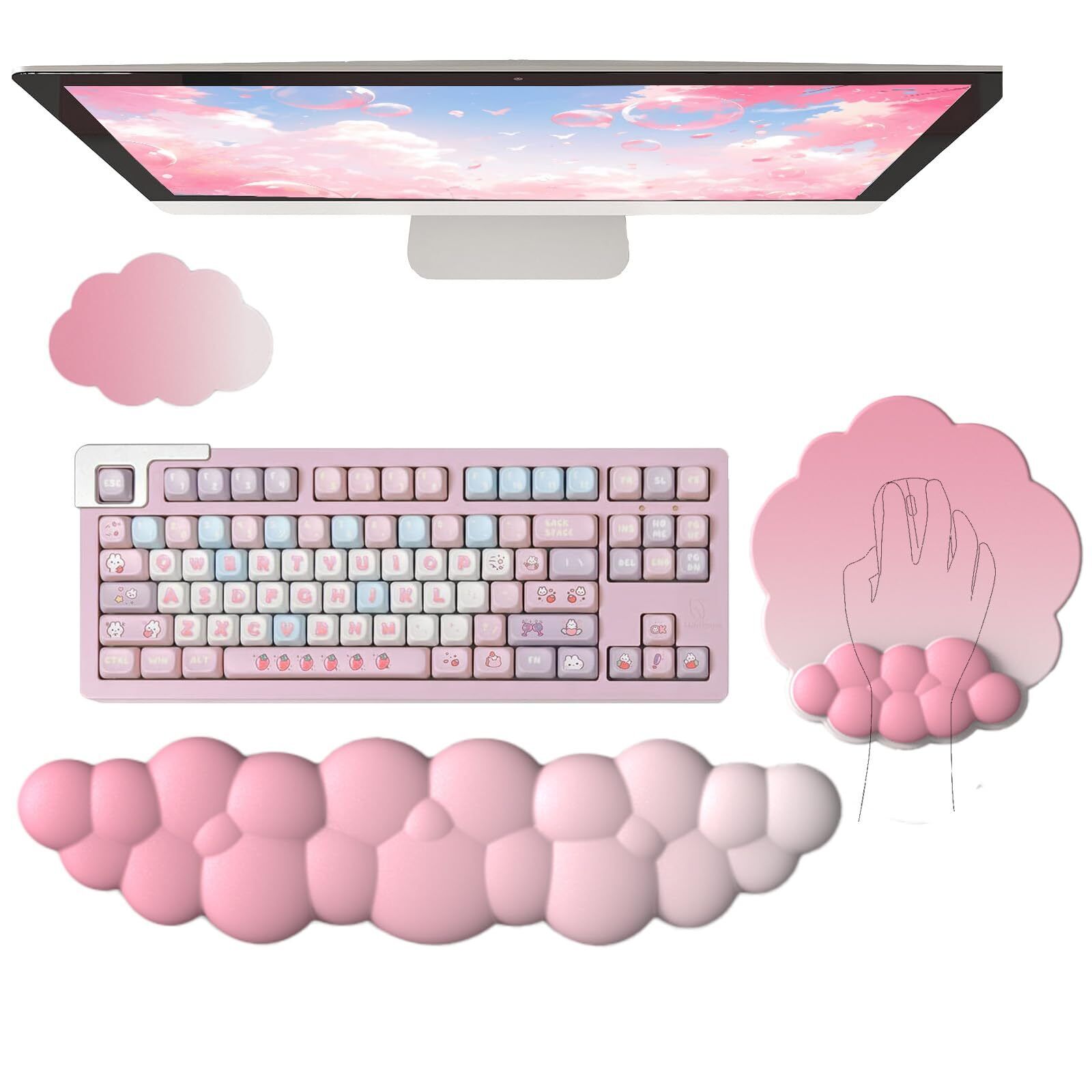 Cloud Wrist Rest Keyboard Pink Mouse Pad Set with Wrist Rest Ergonomic Wrist ...
