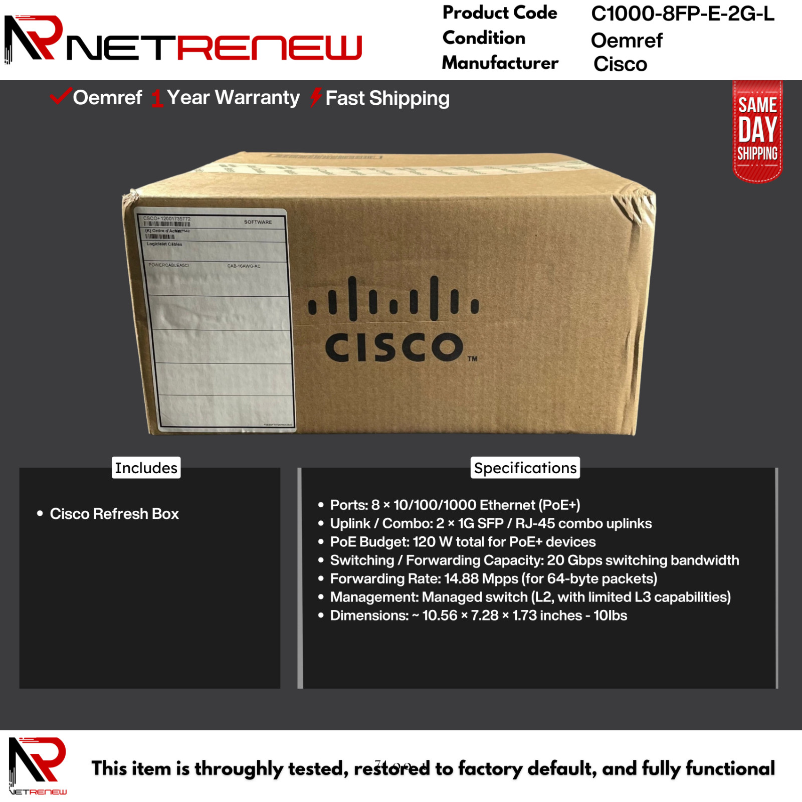 Refresh  Cisco C1000-8FP-E-2G-L  Managed Network Switch 8 Port PoE+