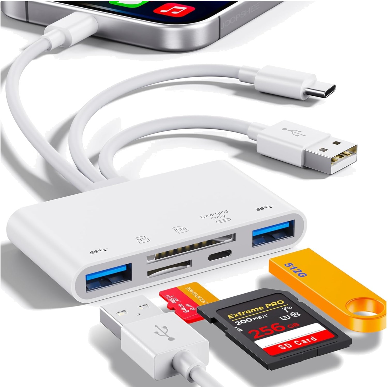 Plug & Play 5-in-1 Memory Card Reader for iOS & Android - Sleek White Design