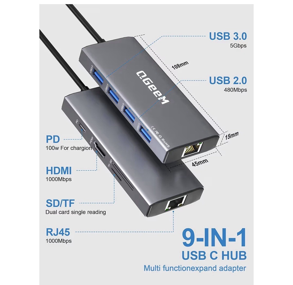 USB Hub Ethernet,9 in 1 USB Hub HDMI Multi-Port Converter Adapter,100W Pd, US...
