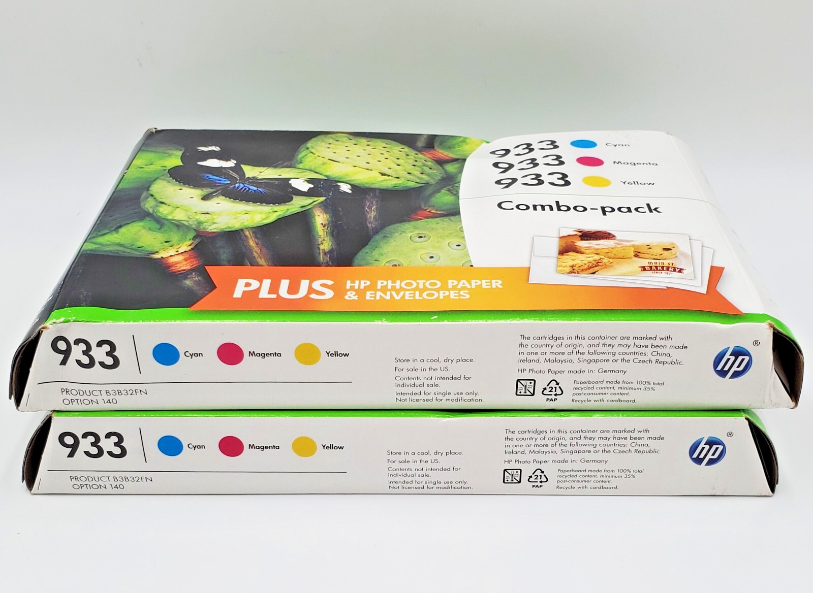 2 HP 933 Ink Cartridges Cyan Magenta Yellow w Bonus Paper NEW NOS OEM 08/16