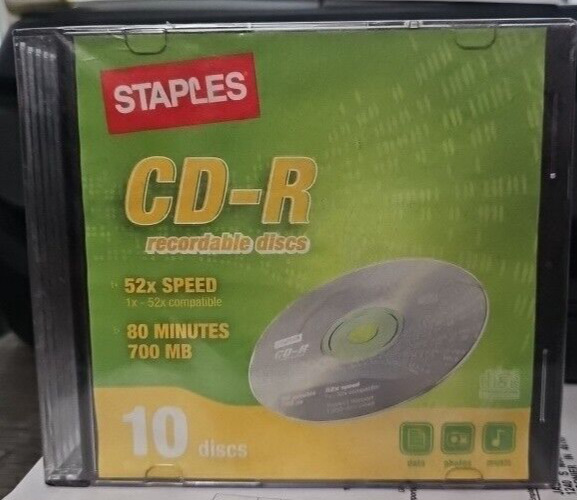 Staples CD-R 80 Minute Recording 700MB 52x Speed 10 Disc Pack Blank Sealed