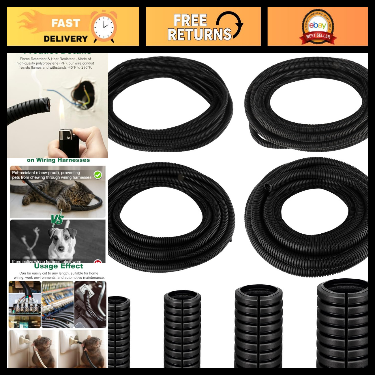 120FT Split Wire Loom - 4pc Flame Retardant Cable Sleeve for Wire Management