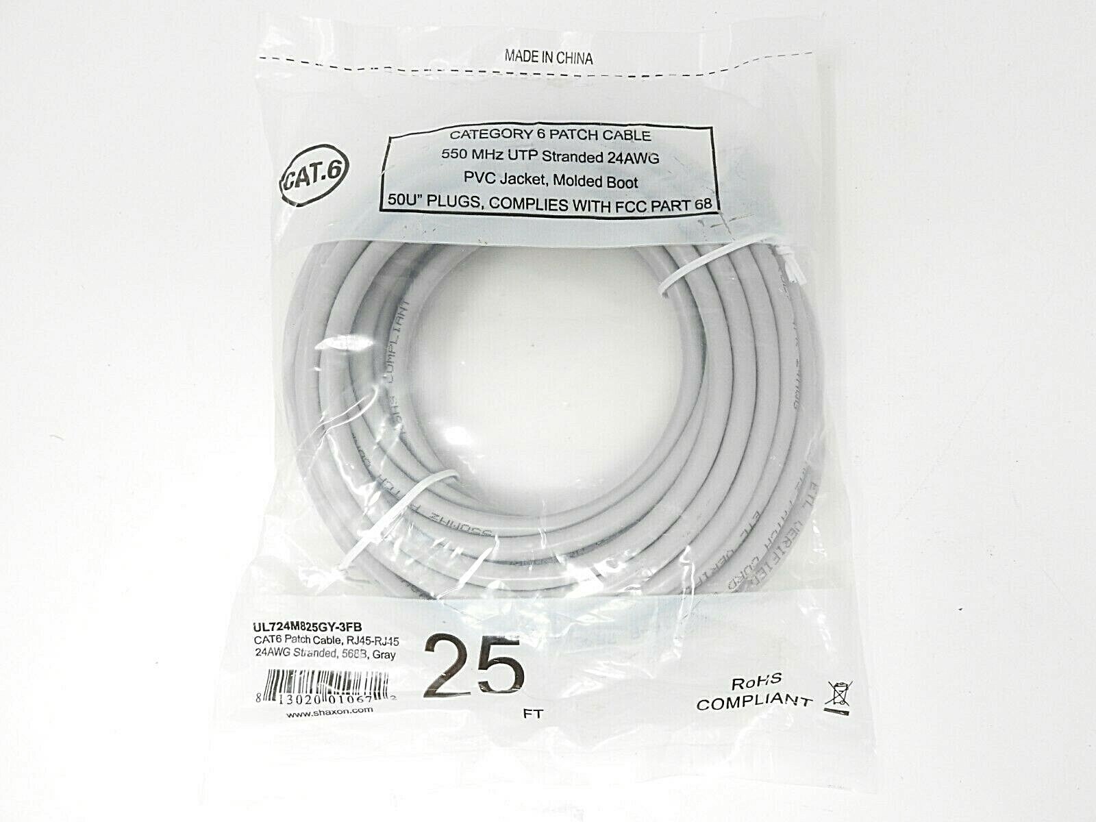 Shaxon UL724M825GY-3FB CAT6 Patch Cable, RJ45-RJ45 24AWG Stranded, 568B, Gray