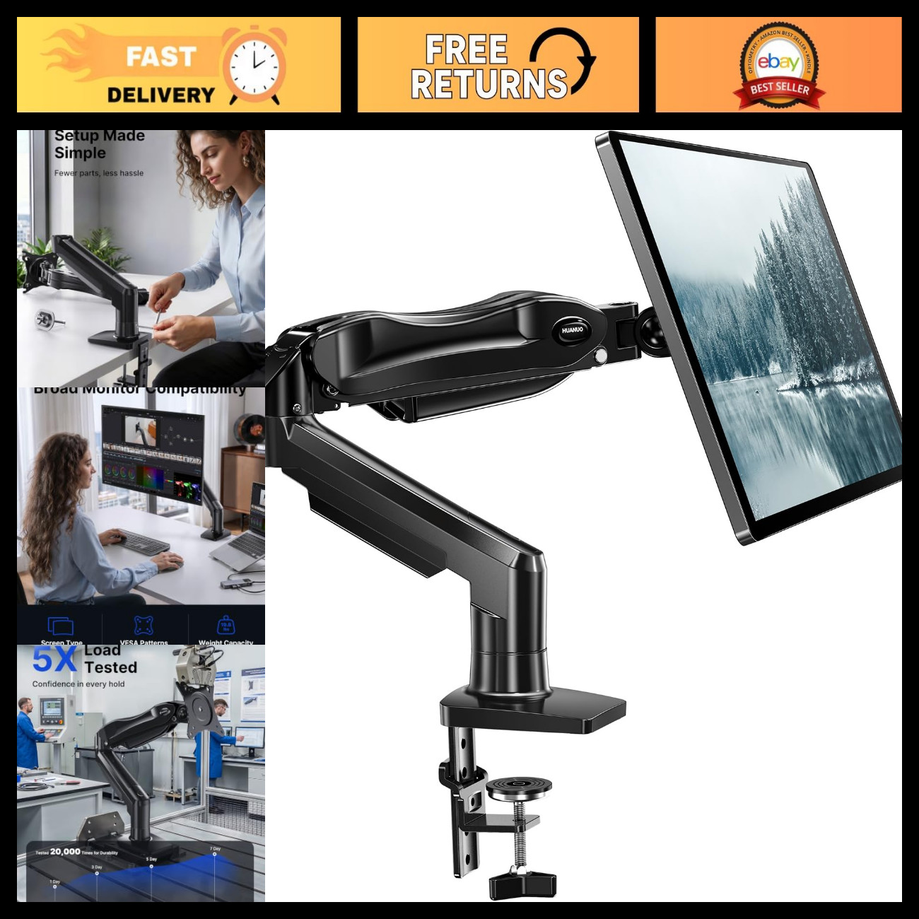 Adjustable Single Monitor Mount Arm, 13-32 Inch VESA Stand, Clamp & Grommet Base