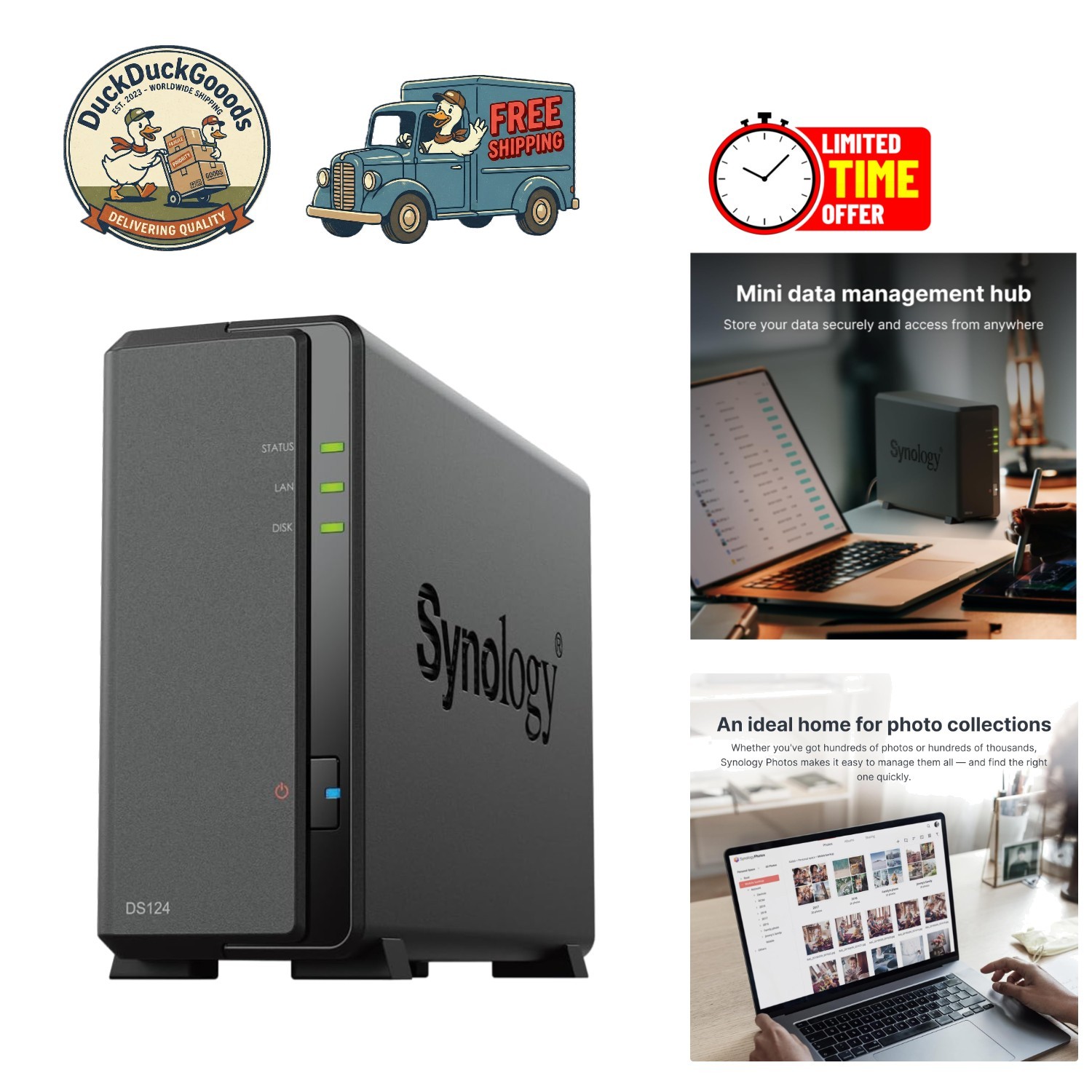 Effortless Data Sharing with Compact 1-Bay DiskStation DS124 for Surveillance