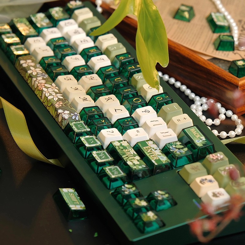 Green Floral Tea Keycap Set PBT PC Custom Keycaps for MX Mechanical Keyboard