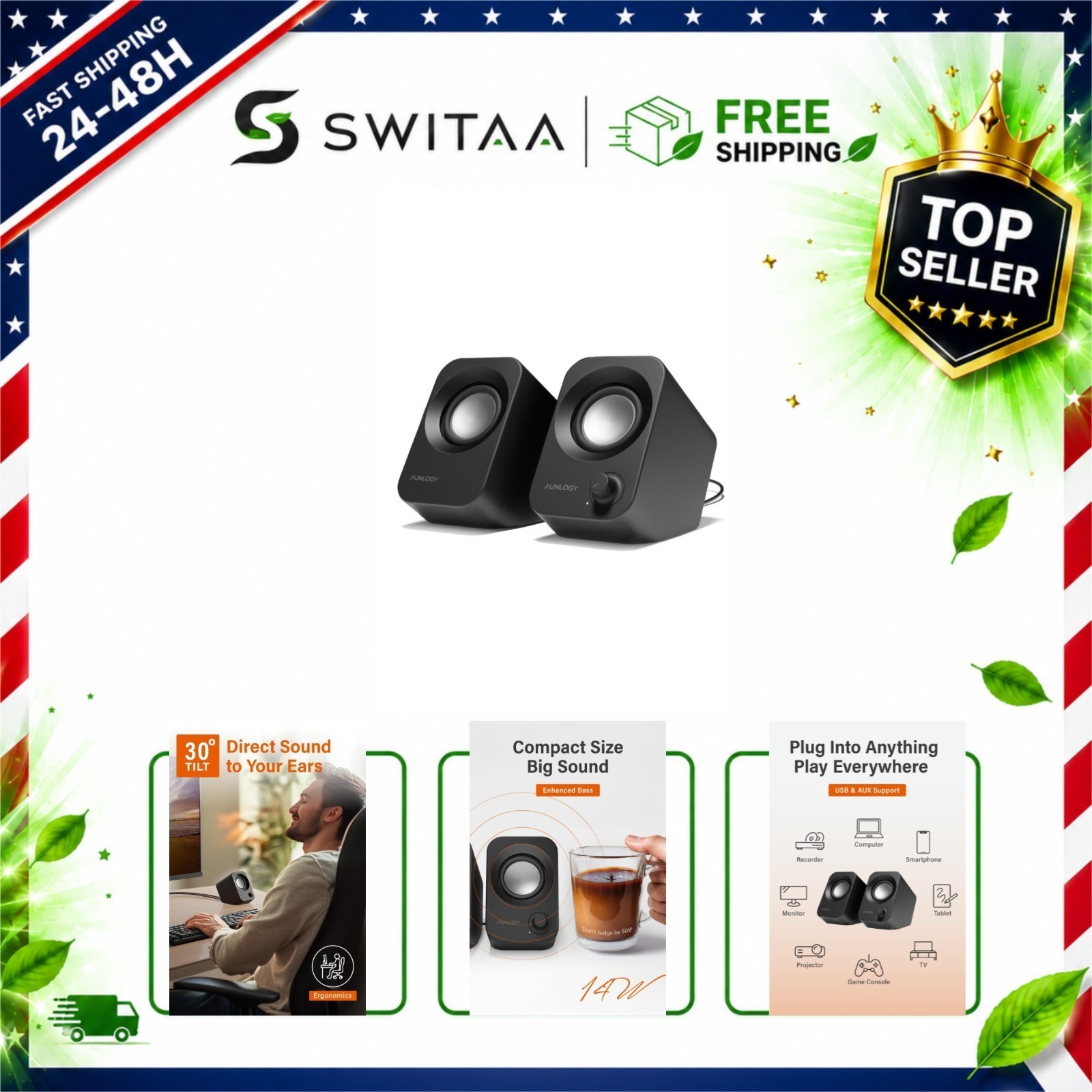 FUNLOGY 14W USB Powered Stereo PC Speakers, Compact 30° Tilt, Volume Dial, for