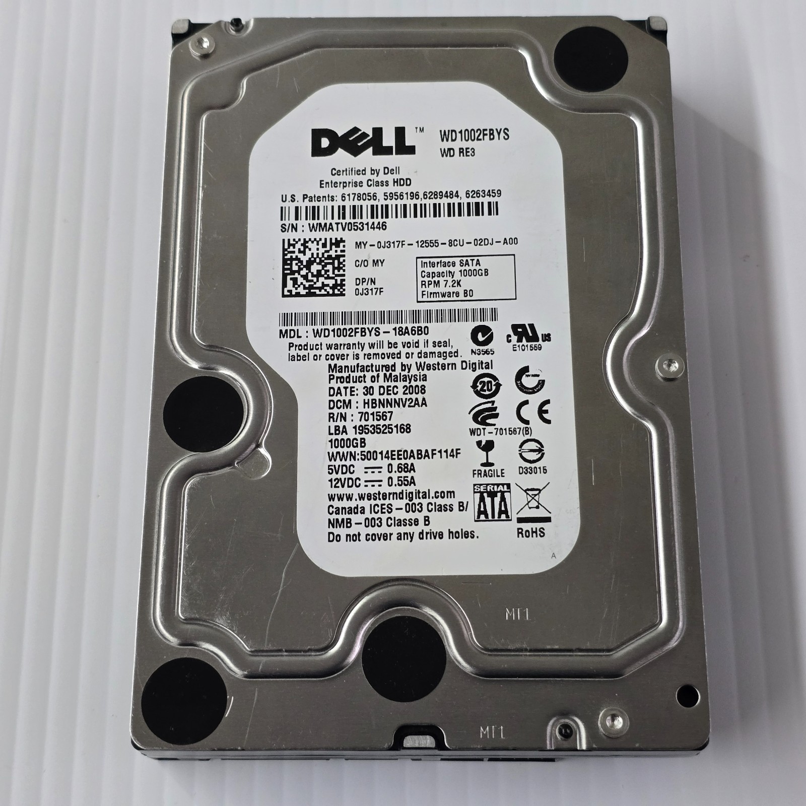Dell WD RE3 1TB 7200RPM 3.5" SATA HDD WD1002FBYS Tested Good