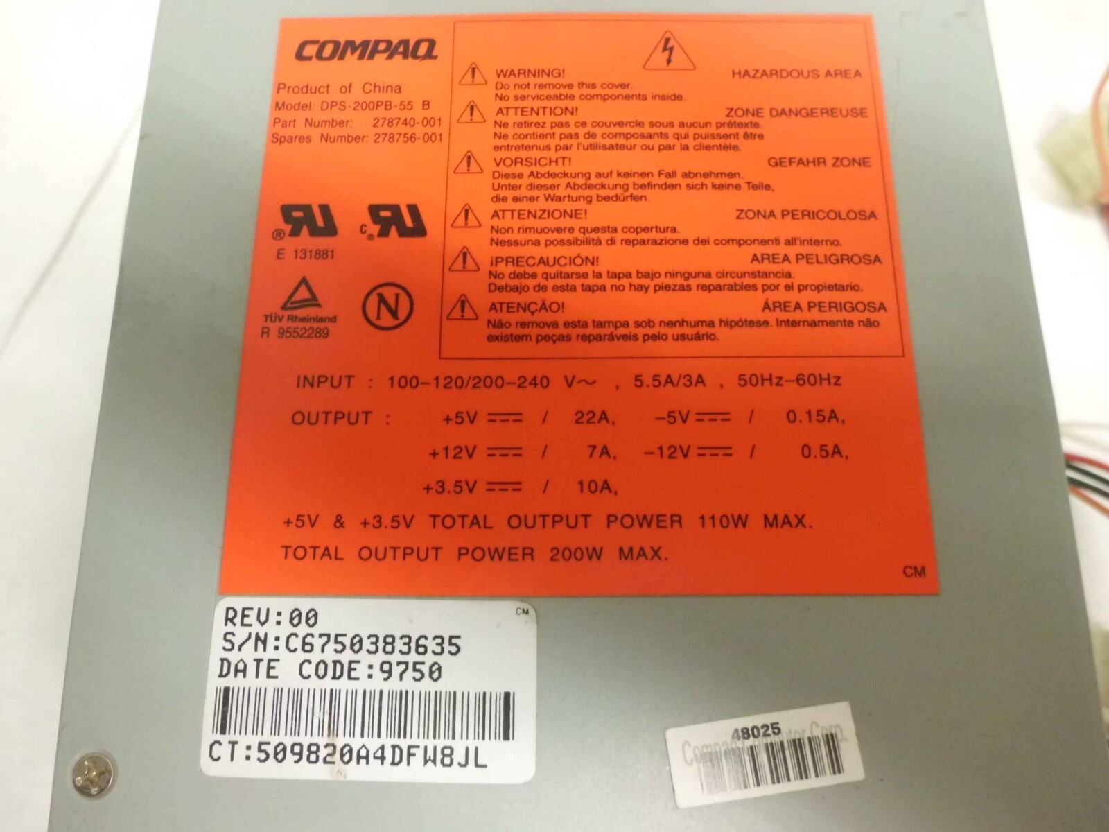 DPS-200PB-55 B 248756-001 278740-001 Compaq TESTED GOOD, 30 days warranty