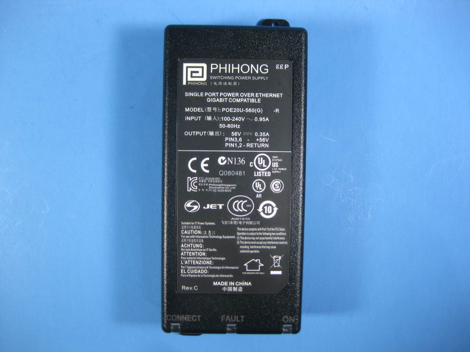 Phihong Single Port Power Supply -- POE20U-560 (G) -- Used