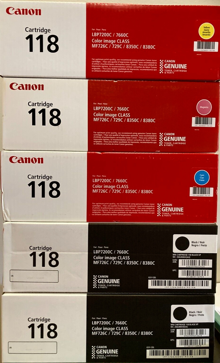 Canon 118 Black, Black, Cyan, Magenta, Yellow Standard Yield Toner Combo, 5/Pack