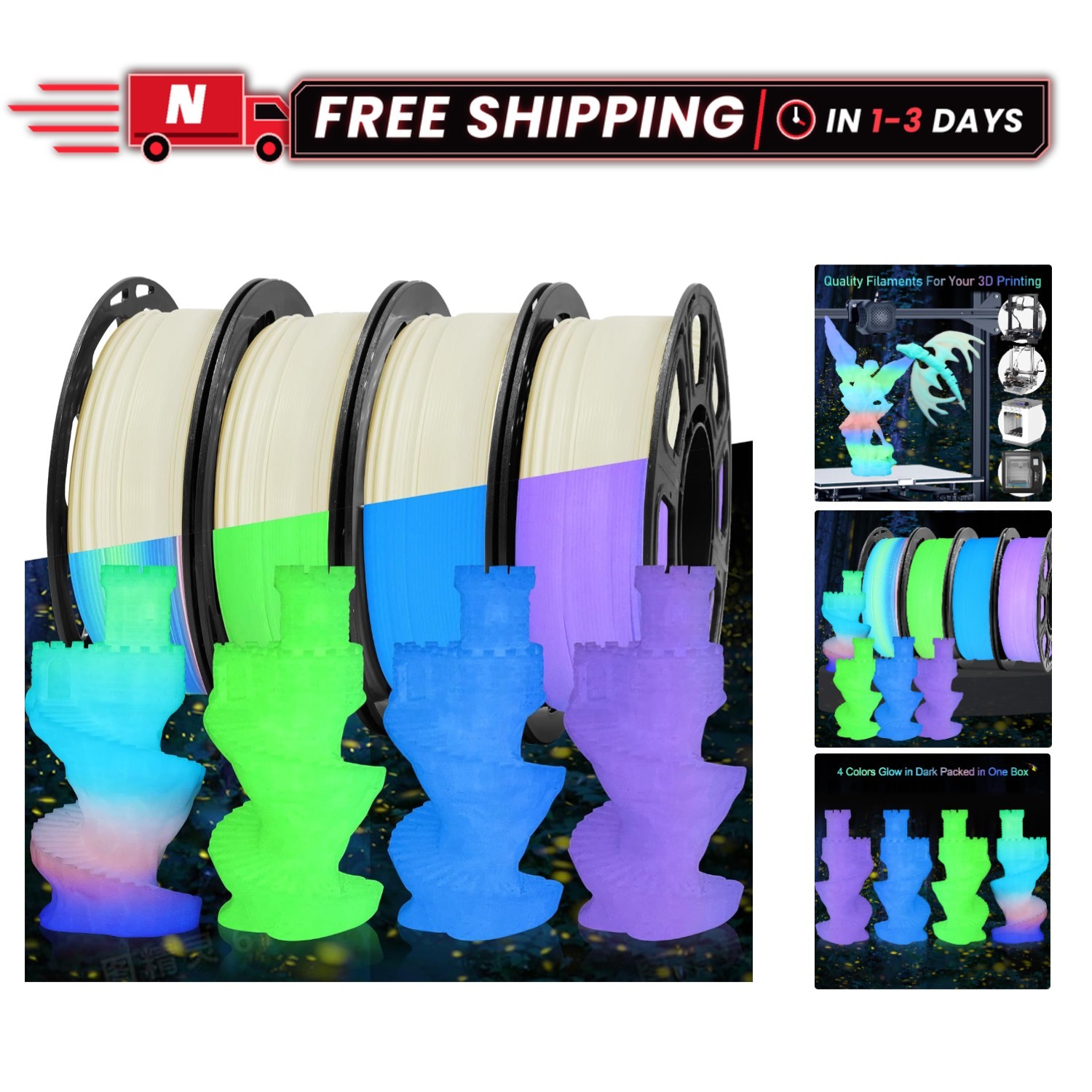 Glow in Dark PLA Filament Bundle - 1KG Multicolor for 3D Printing