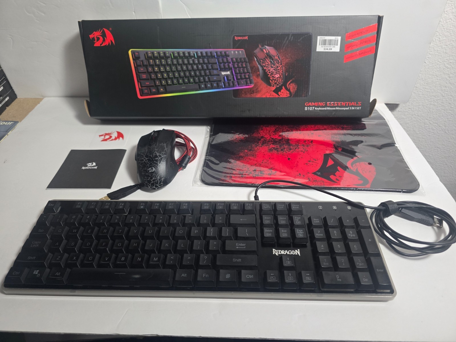 Redragon S107 Gaming Keyboard Mouse Mousepad 3-in-1 RGB Set w/ Box Tested