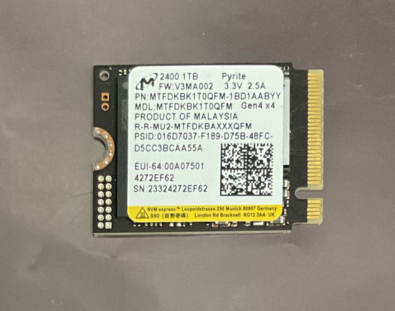 Micron 2400 1TB NVMe M.2 2230 PCIe 4.0 QLC SSD - 99% Health