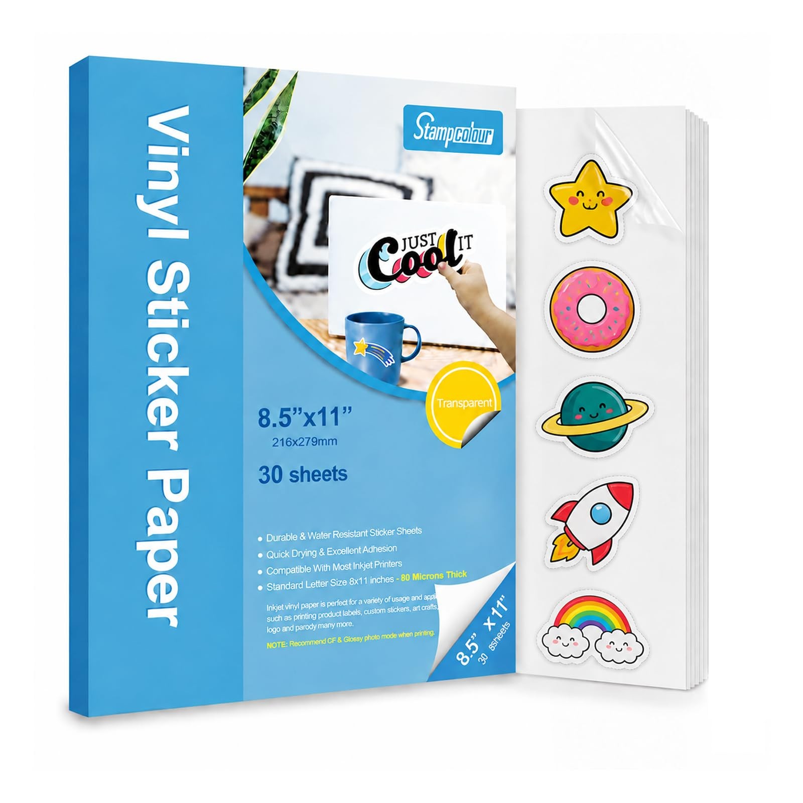 Clear Printable Sticker Paper  30 Sheets 8.5x11 for Inkjet, QuickDry Vinyl
