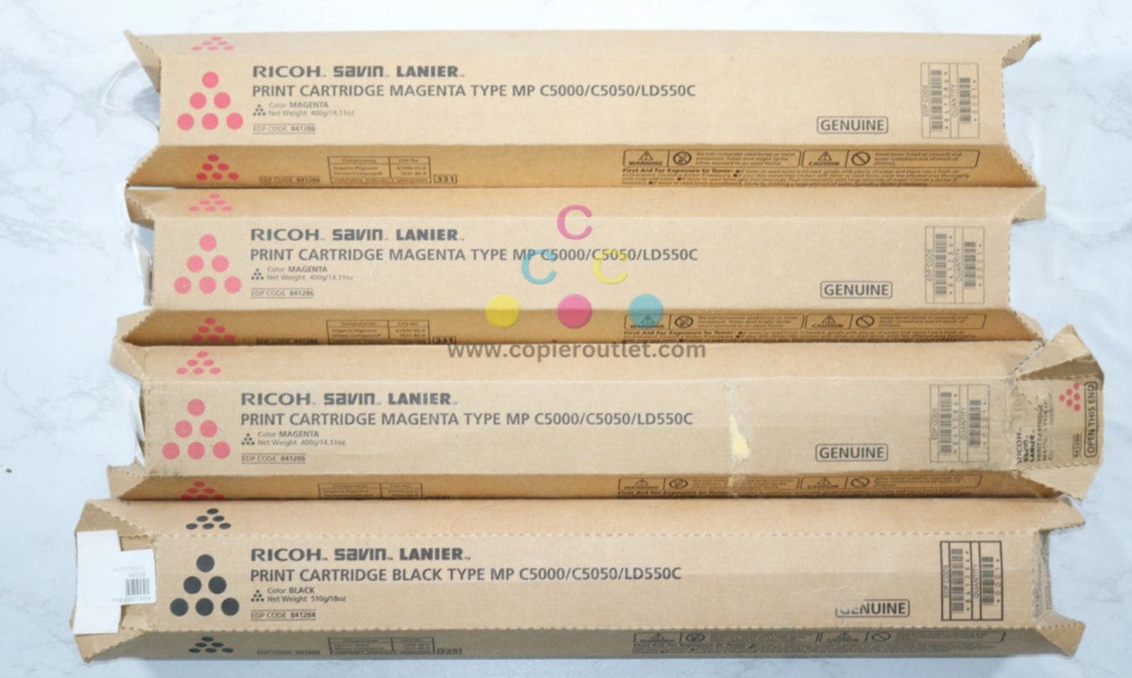 4 New OEM Ricoh C5000, C5050, LD550C MMMK Toners 841284, 841286