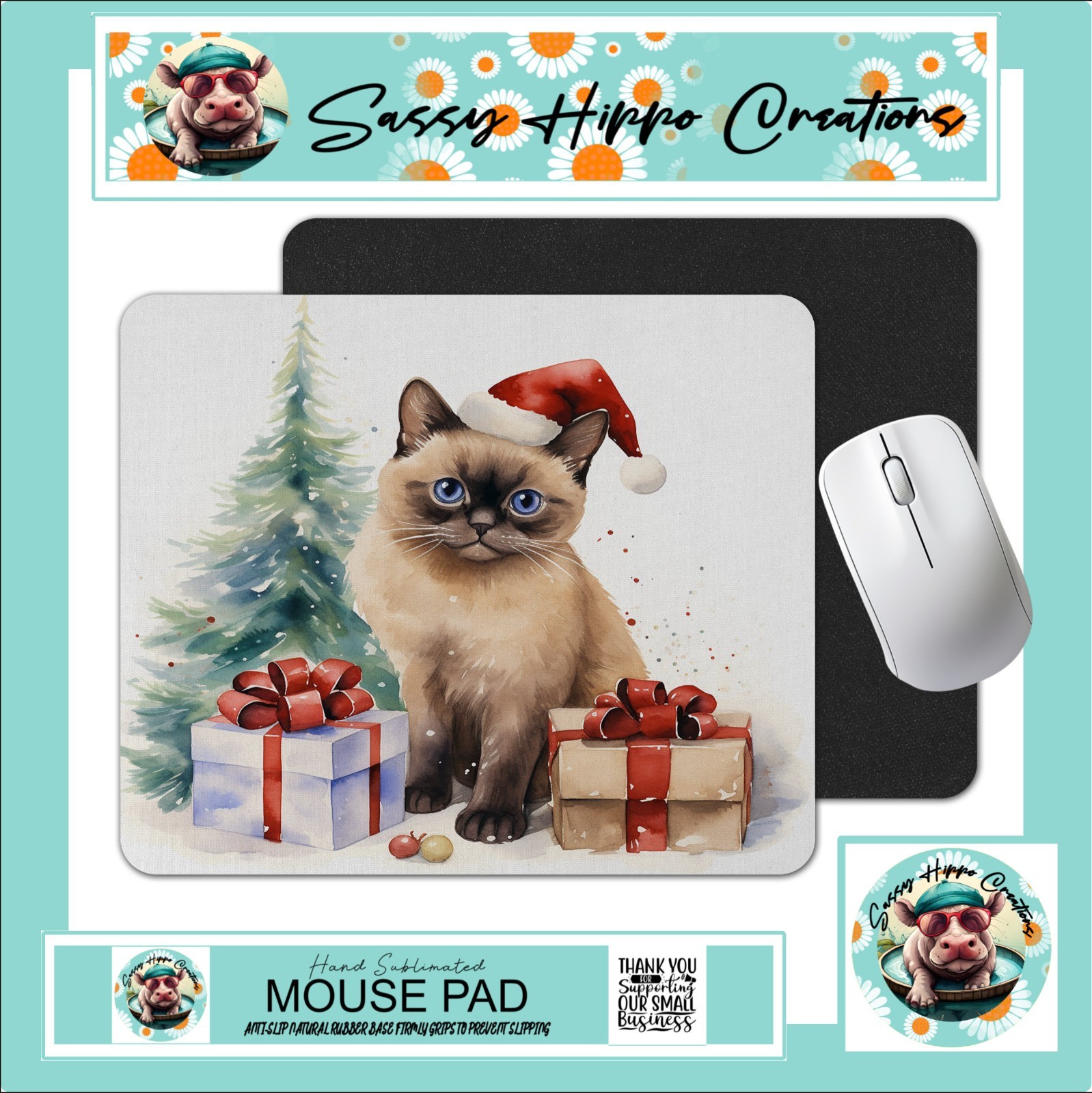 Mouse Pad Pretty Burmese Cat Kitten Christmas Holiday Anti Slip Back Easy Clean