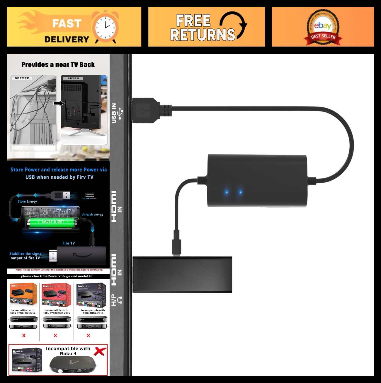 USB Power Cable Adapter for Fire TV Stick - 4K Support, 2000mAh Charger, Cord Or