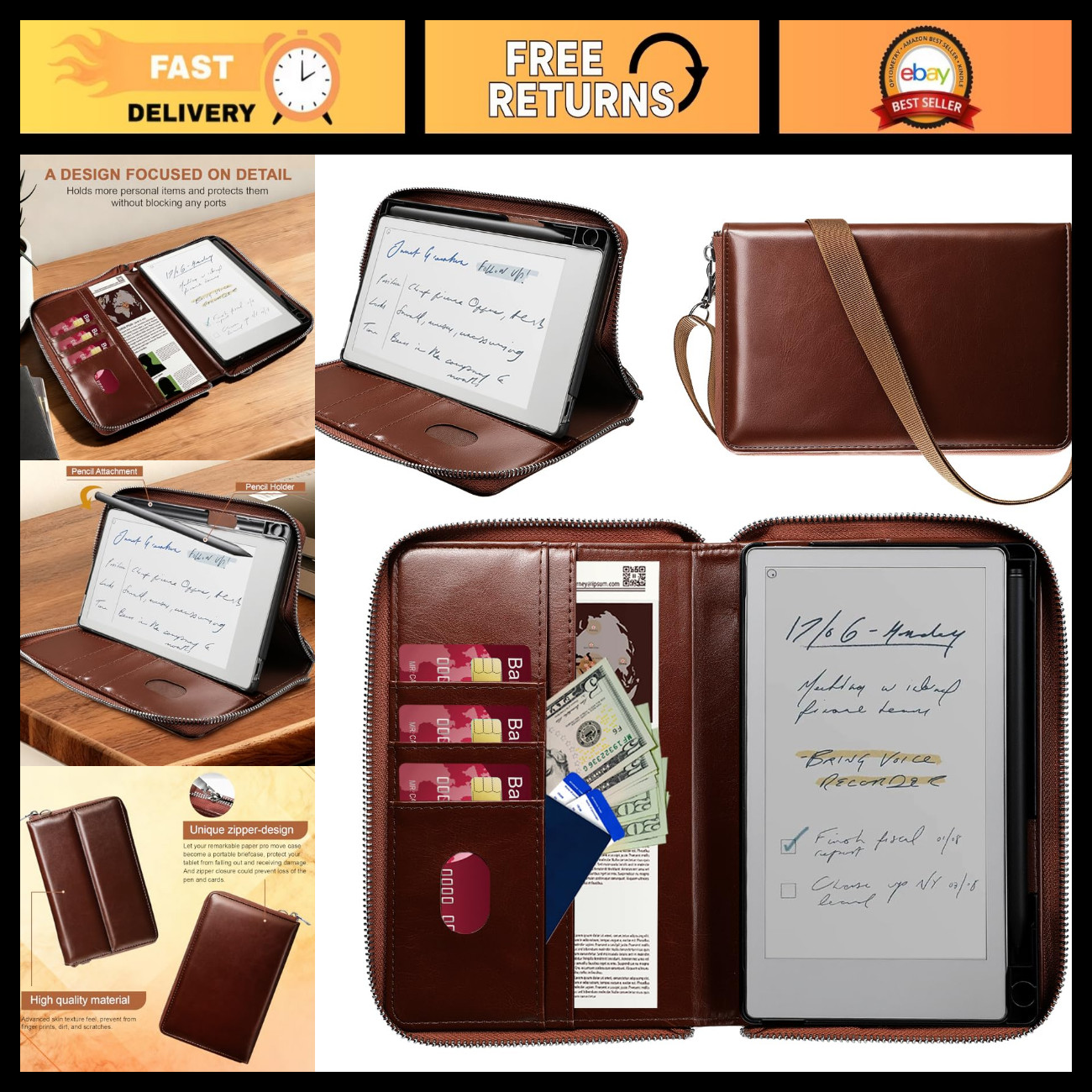 Premium Leather Folio Case for Remarkable Paper Pro 7.3" 2025 - Zipper, Pen Hold