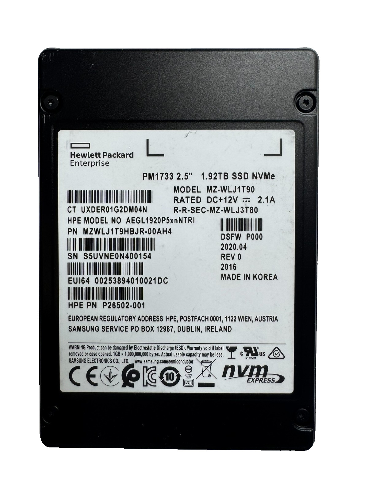 HPE Samsung PM1733 1.92TB 2.5" PCIex4 NVMe U.2 SSD/Low HOURs/98-99% HEALTH